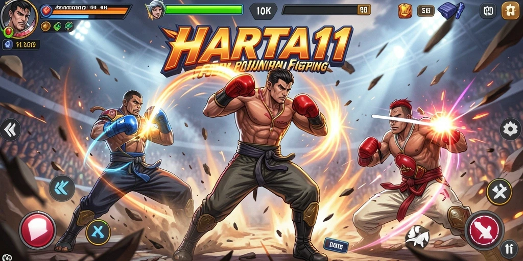 Gameplay HARTA11 dengan karakter bertarung dalam arena pertarungan yang menegangkan.