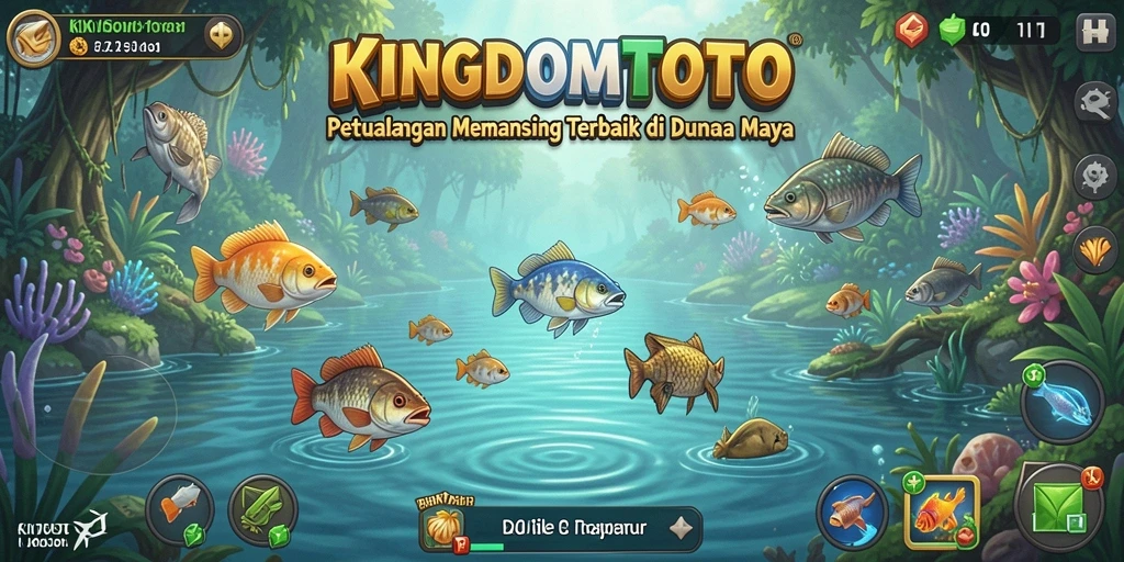 Tampilan gameplay <strong>KINGDOMTOTO</strong> saat memancing di danau yang damai.