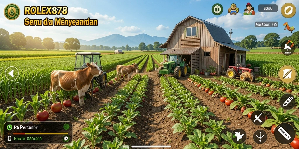 Tampilan gameplay <strong>ROLEX878</strong> dengan aktivitas bertani yang menarik.